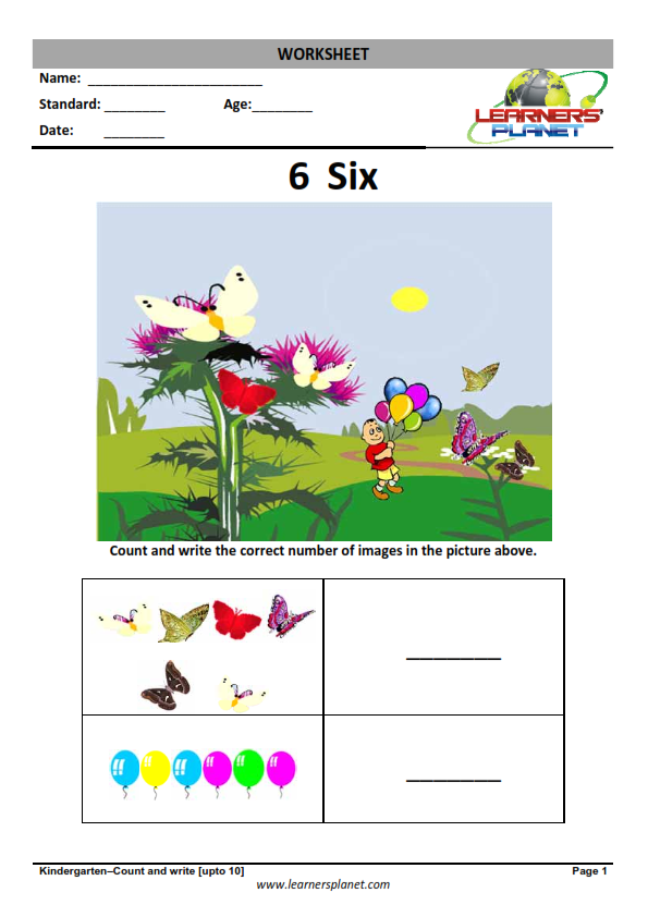 Kindergarten Math Worksheets & Free Printables count number of  images-Six